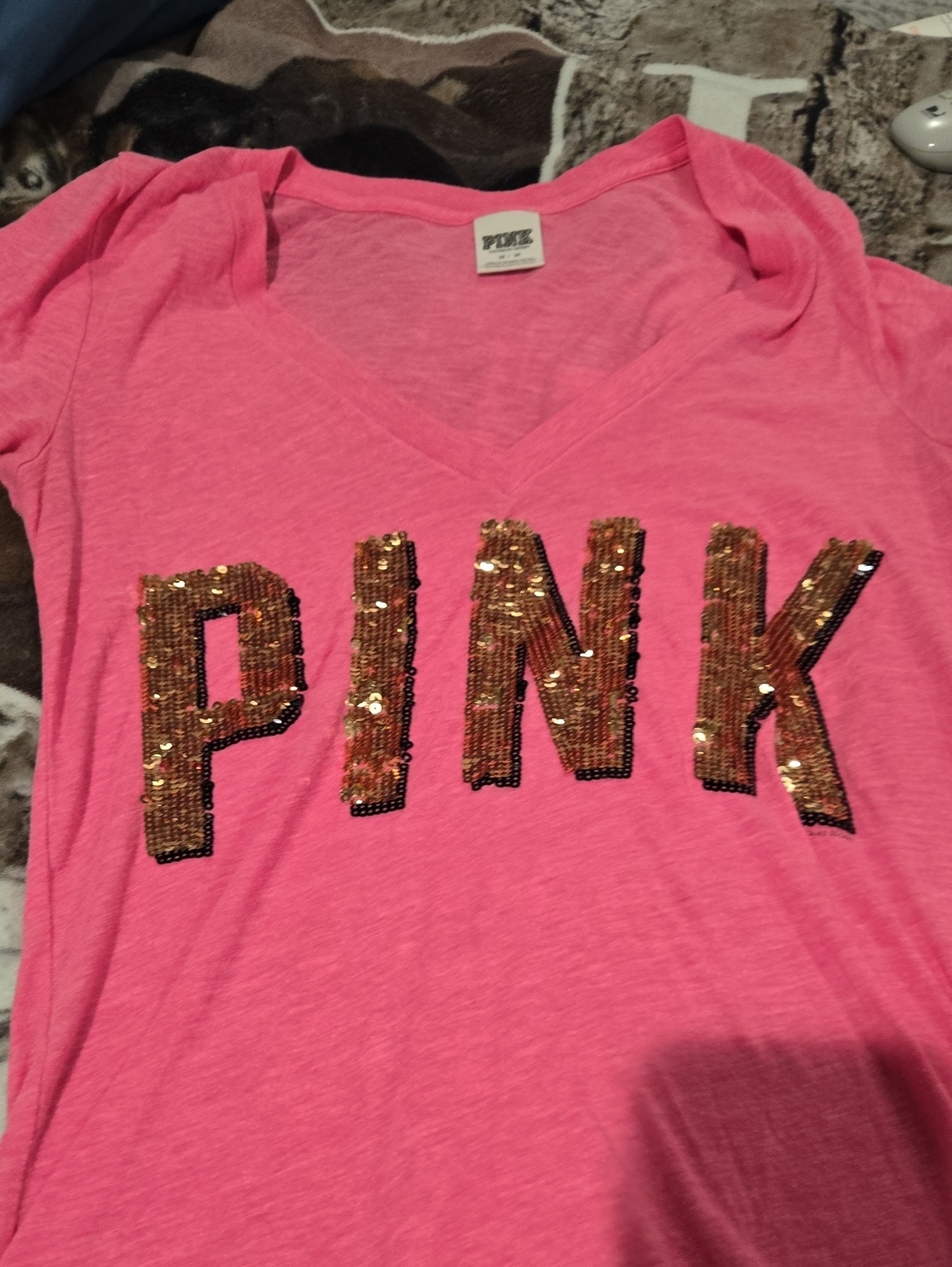 PINK Victoria's Secret Hot Pink V-Neck Tee with Gold Sequin Logo